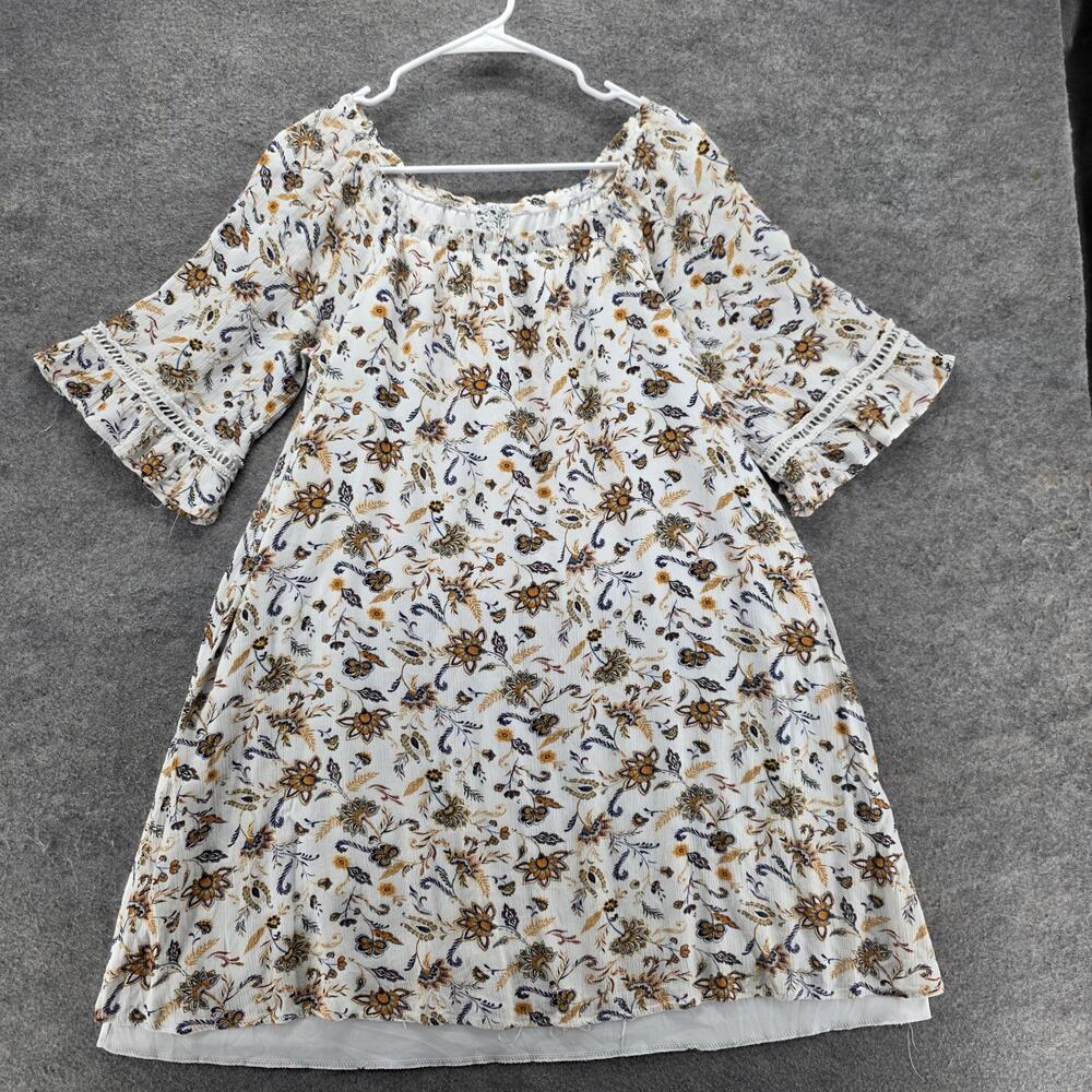 Naif Dress Womens M White Floral Shift Short Scoop Neck Bell Sleeve Boho Lined
